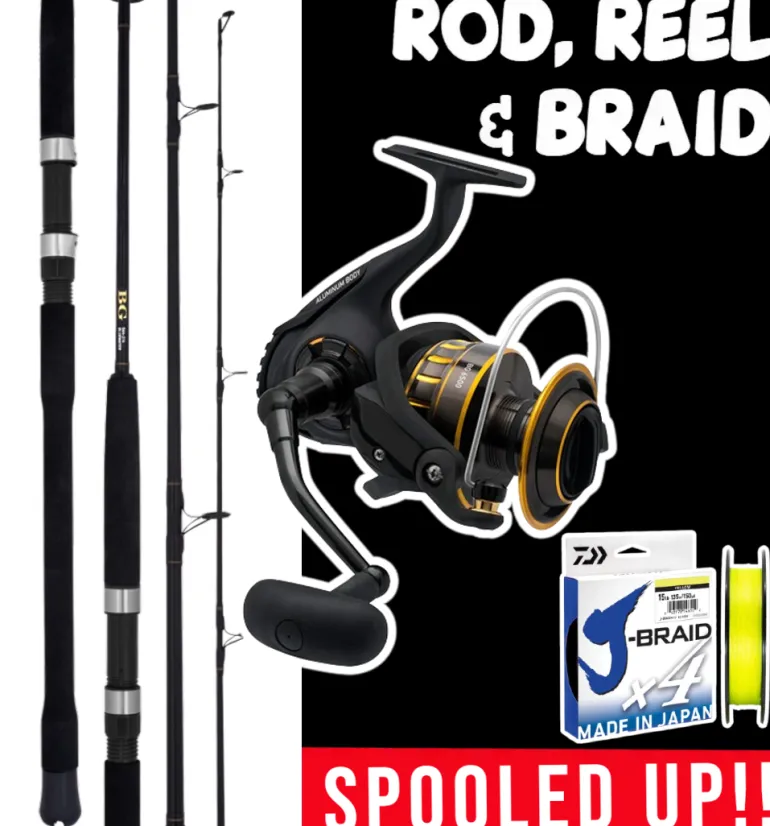 ROD REEL COMBO - DAIWA BG 4500 REEL, DAIWA BG BLUEWATER S902-2/4 ROD & DAIWA BRAID